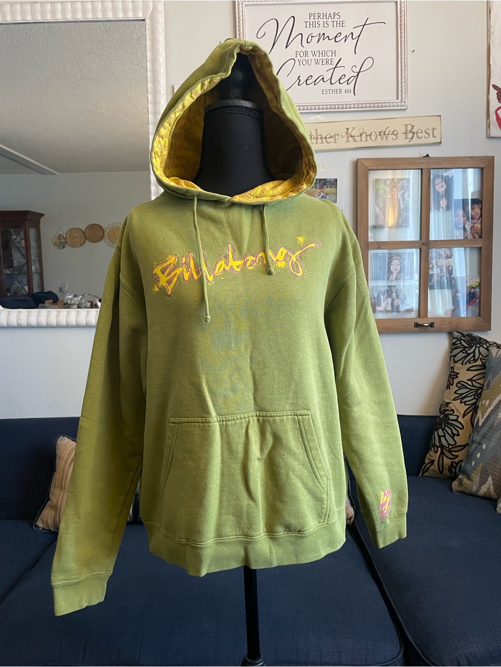 Billabong Olive Green Hoodie with Yellow Script